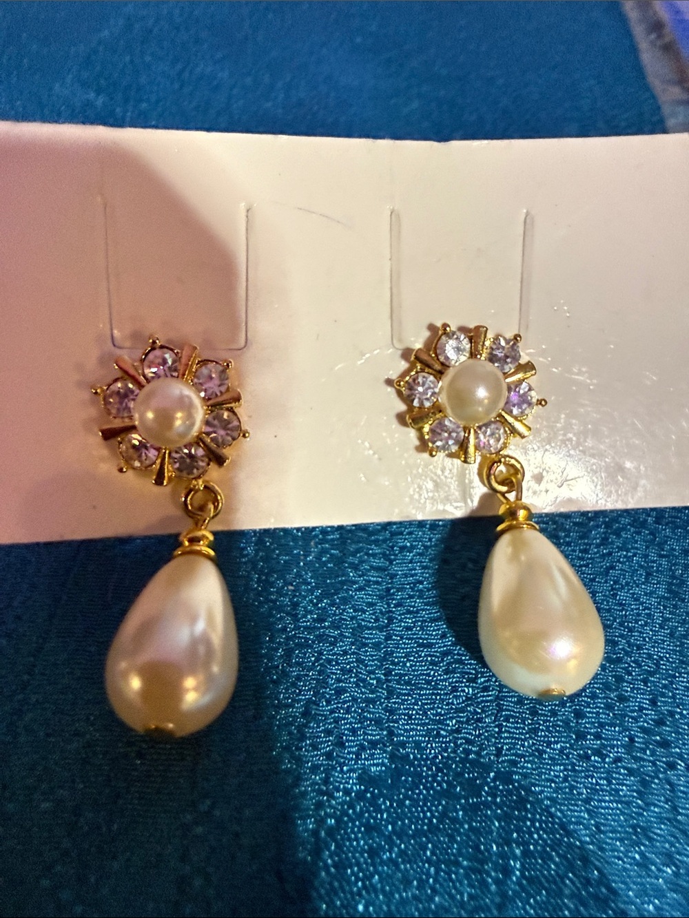 Pearl Drop Gold-Tone Dangle Earrings with Crystal Flower Accent